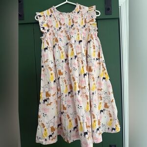Quince Pink and White Dog print girls Smocked Dress 100% cotton and lined.